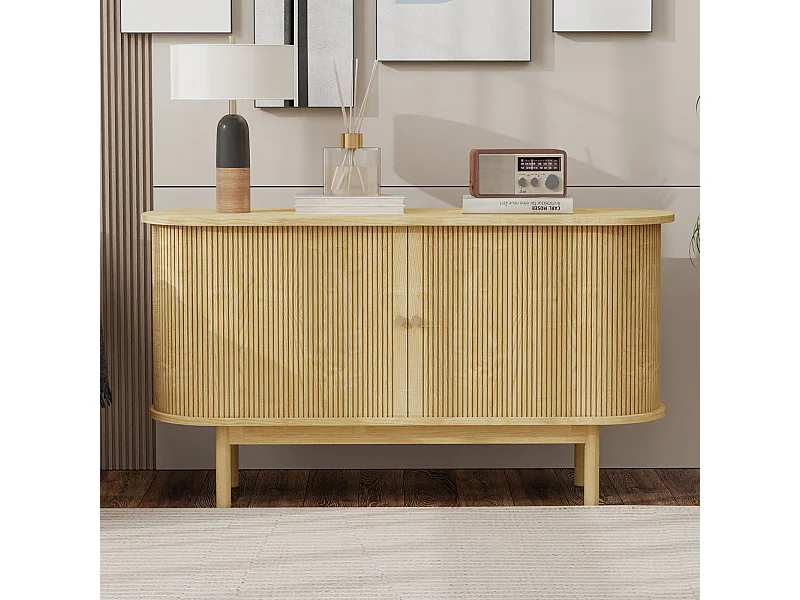 Buffet en bois style rétro moderne avec portes coulissantes, étagères réglables et pieds en pin, chêne clair, pour salle à manger, cuisine ou entrée