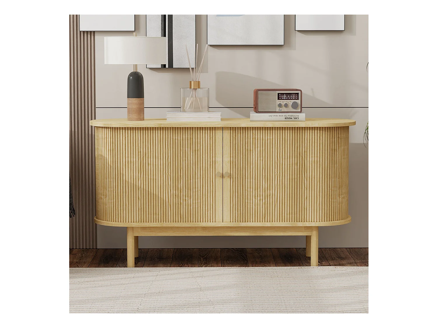 Buffet en bois style rétro moderne avec portes coulissantes, étagères réglables et pieds en pin, chêne clair, pour salle à manger, cuisine ou entrée