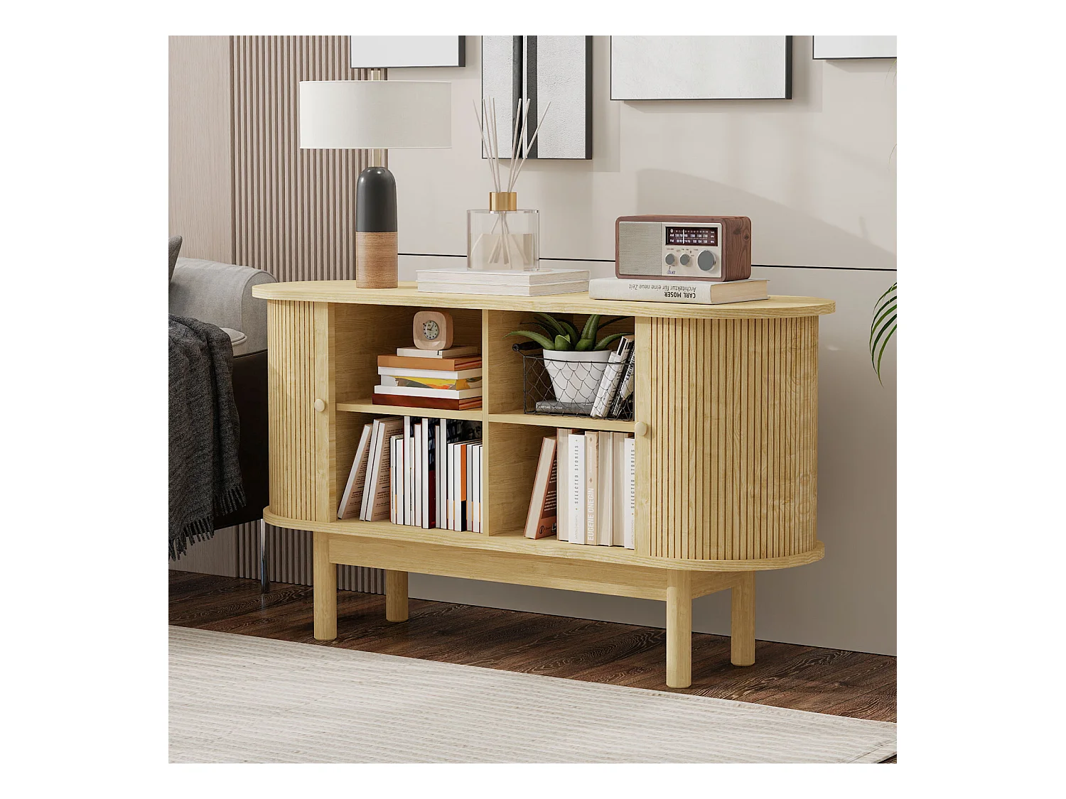 Buffet en bois style rétro moderne avec portes coulissantes, étagères réglables et pieds en pin, chêne clair, pour salle à manger, cuisine ou entrée