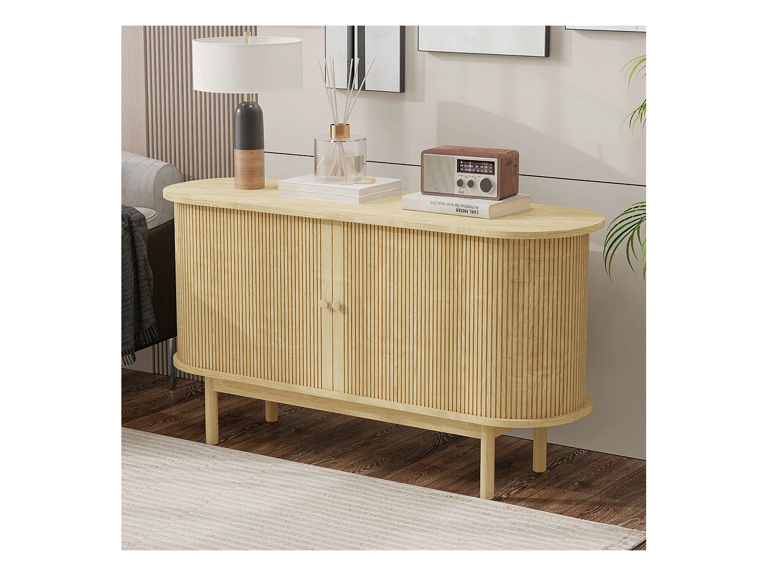 Buffet en bois style rétro moderne avec portes coulissantes, étagères réglables et pieds en pin, chêne clair, pour salle à manger, cuisine ou entrée