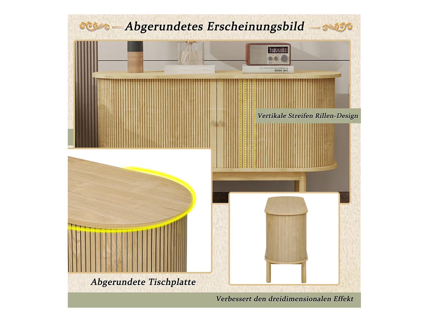 Buffet en bois style rétro moderne avec portes coulissantes, étagères réglables et pieds en pin, chêne clair, pour salle à manger, cuisine ou entrée