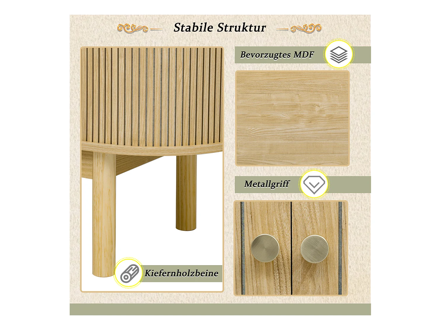 Buffet en bois style rétro moderne avec portes coulissantes, étagères réglables et pieds en pin, chêne clair, pour salle à manger, cuisine ou entrée