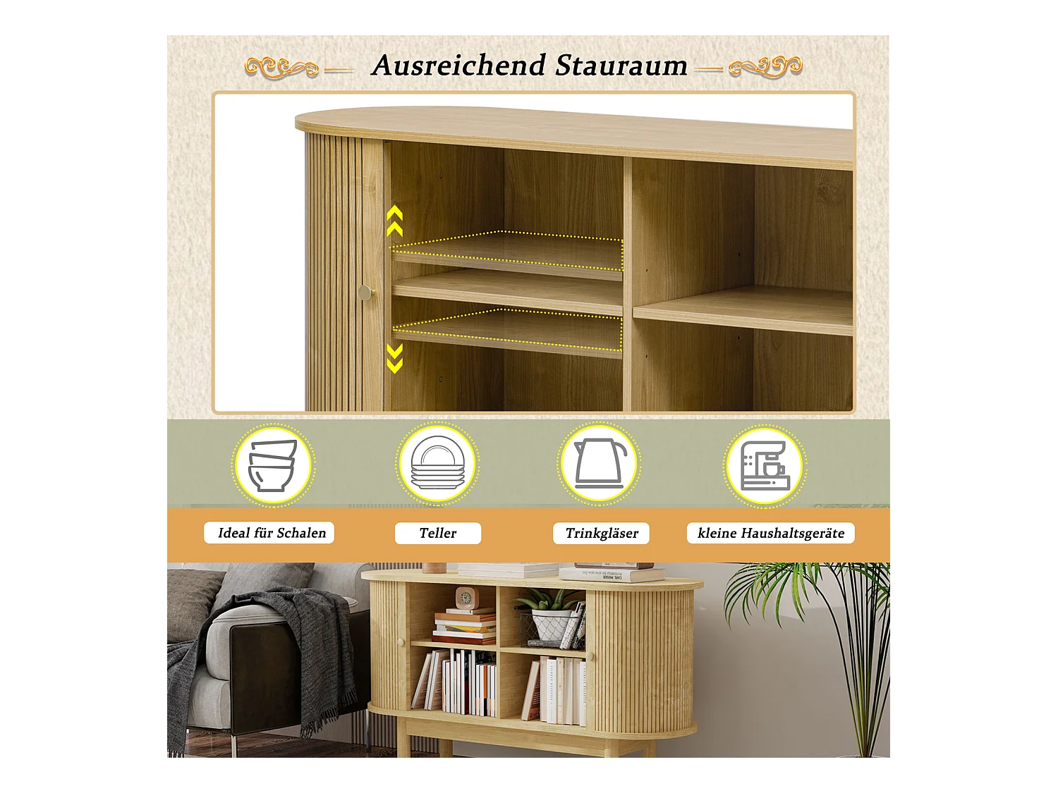 Buffet en bois style rétro moderne avec portes coulissantes, étagères réglables et pieds en pin, chêne clair, pour salle à manger, cuisine ou entrée