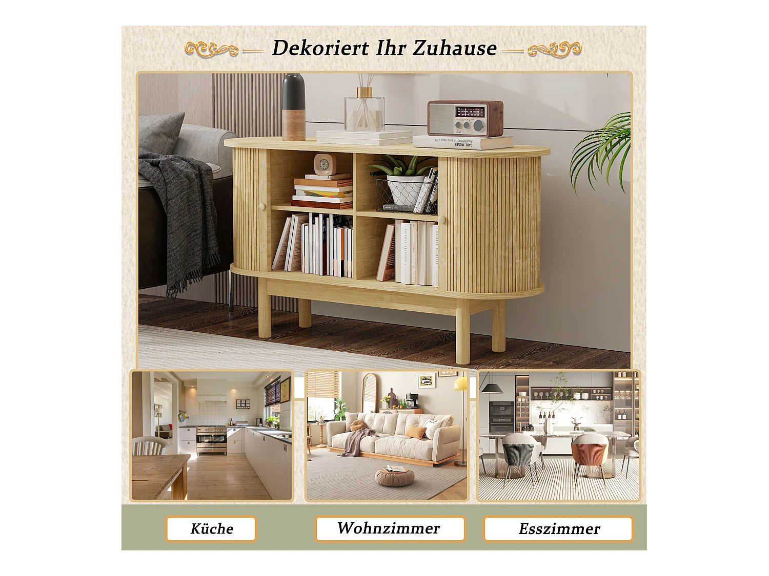 Buffet en bois style rétro moderne avec portes coulissantes, étagères réglables et pieds en pin, chêne clair, pour salle à manger, cuisine ou entrée