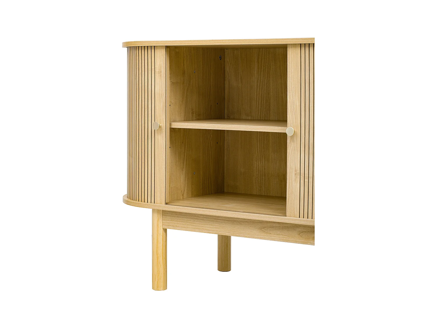 Buffet en bois style rétro moderne avec portes coulissantes, étagères réglables et pieds en pin, chêne clair, pour salle à manger, cuisine ou entrée