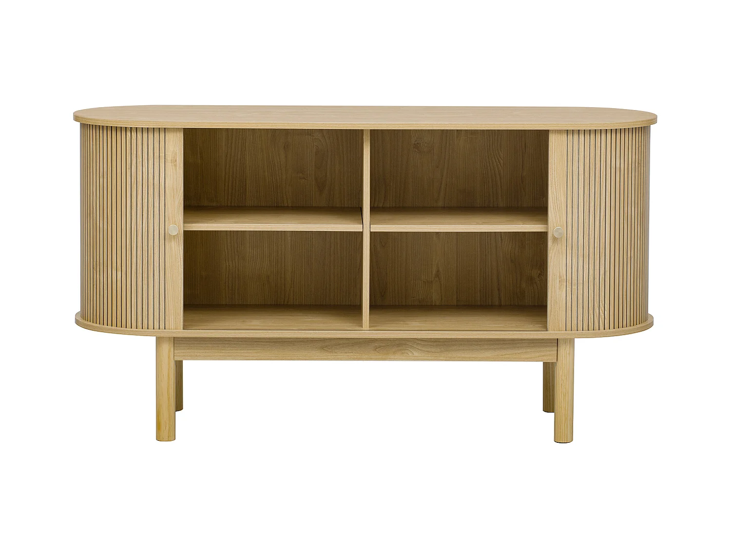 Buffet en bois style rétro moderne avec portes coulissantes, étagères réglables et pieds en pin, chêne clair, pour salle à manger, cuisine ou entrée