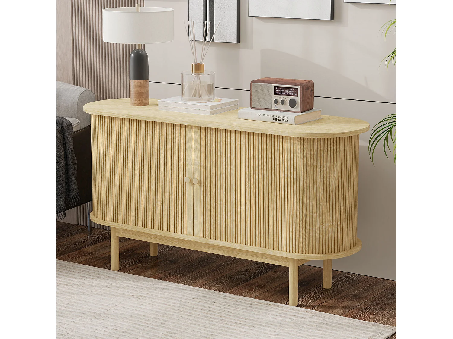 Aparador de madeira estilo retro moderno com portas de correr, prateleiras ajustáveis e pés de pinho, carvalho claro, para sala de jantar, cozinha ou entrada