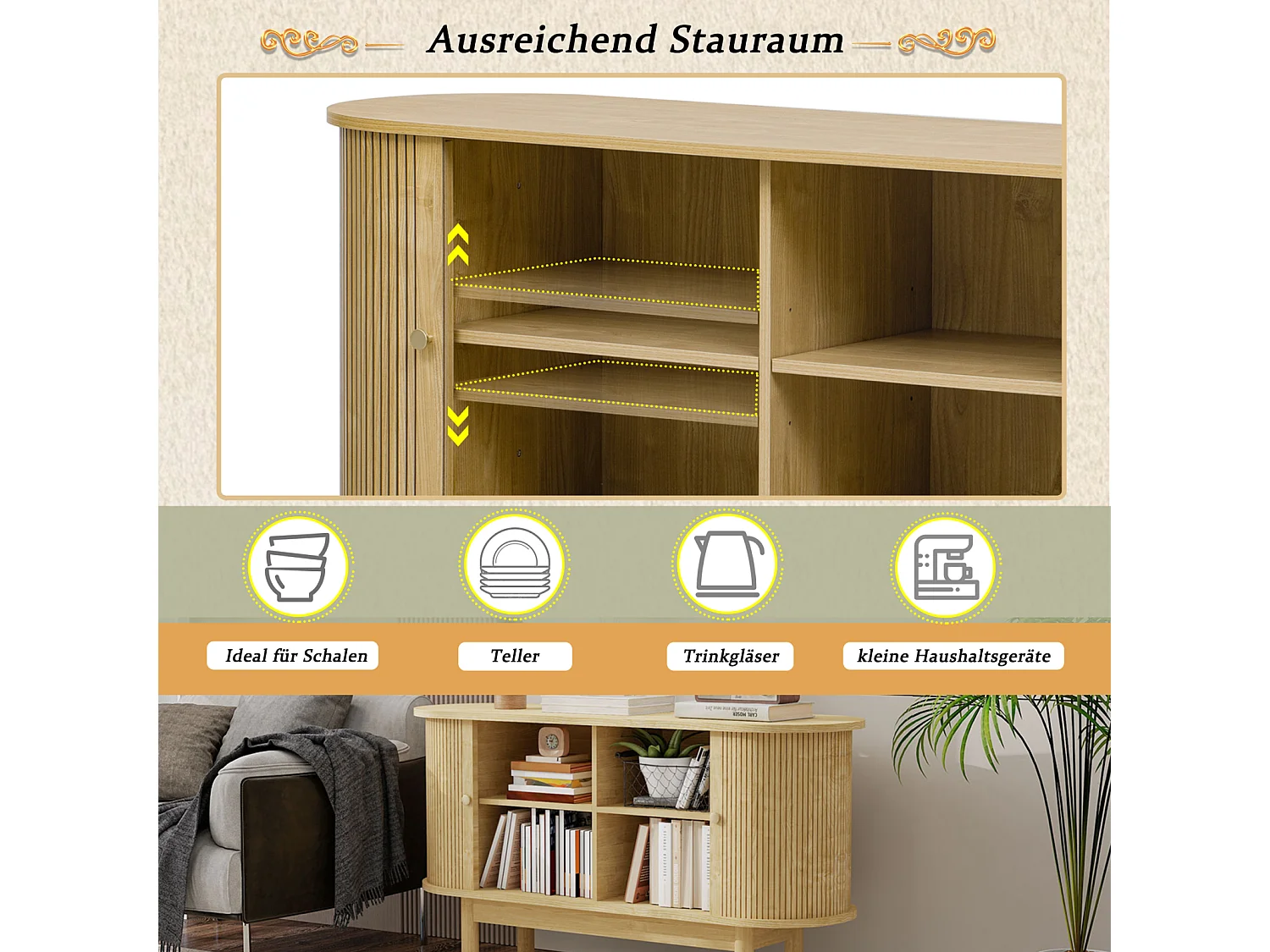 Aparador de madeira estilo retro moderno com portas de correr, prateleiras ajustáveis e pés de pinho, carvalho claro, para sala de jantar, cozinha ou entrada