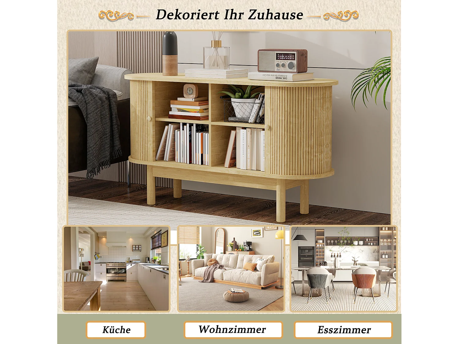 Aparador de madeira estilo retro moderno com portas de correr, prateleiras ajustáveis e pés de pinho, carvalho claro, para sala de jantar, cozinha ou entrada