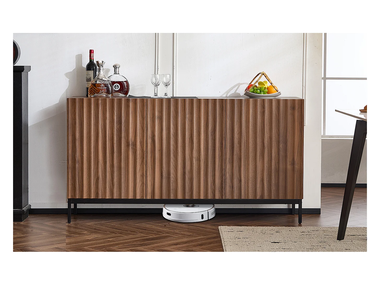 Buffet 150 x 40 x 80 cm en chêne foncé, 3 portes, design 3D ondulé, étagères réglables et sécurité anti-basculement – Salon et salle à manger