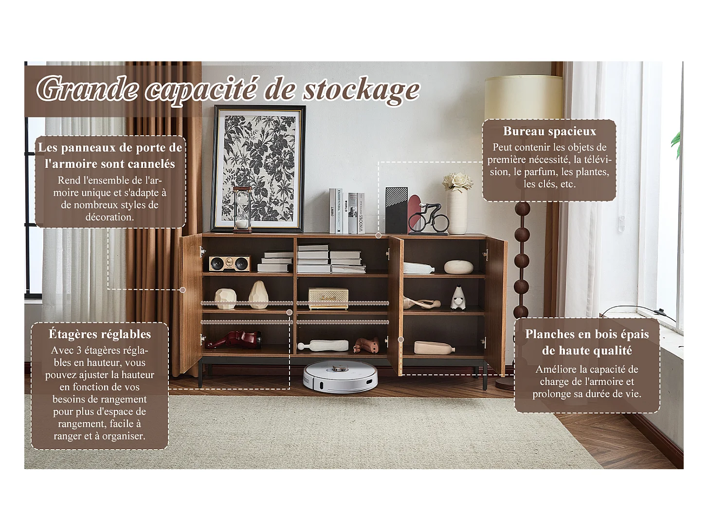 Buffet 150 x 40 x 80 cm en chêne foncé, 3 portes, design 3D ondulé, étagères réglables et sécurité anti-basculement – Salon et salle à manger