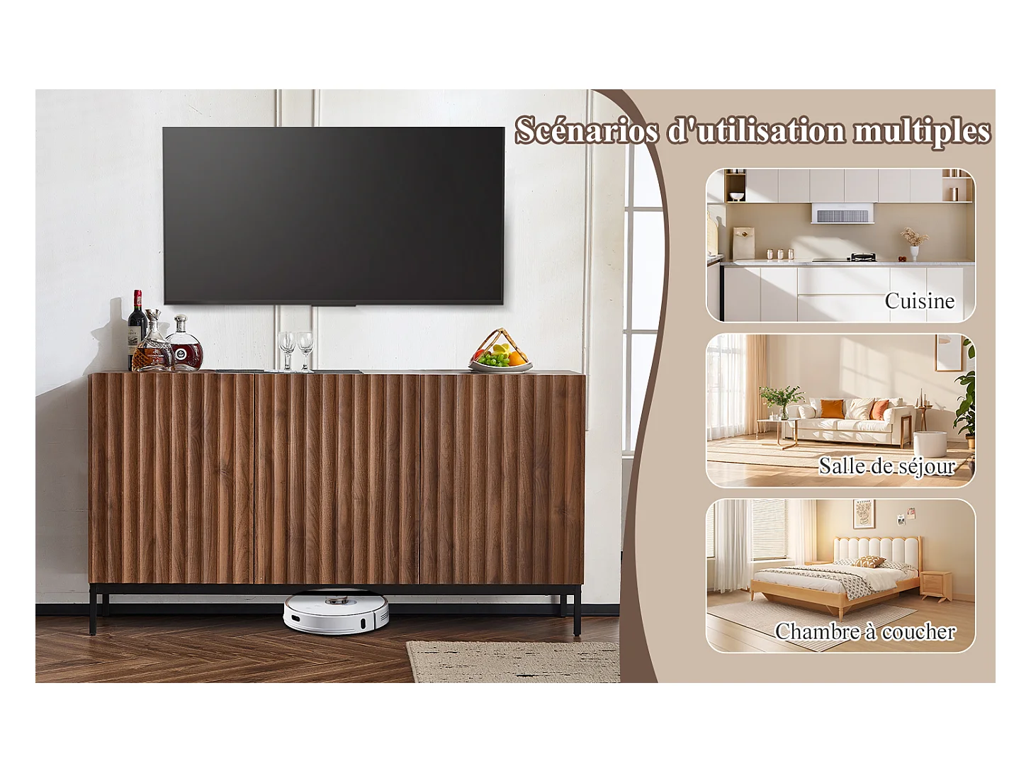 Buffet 150 x 40 x 80 cm en chêne foncé, 3 portes, design 3D ondulé, étagères réglables et sécurité anti-basculement – Salon et salle à manger