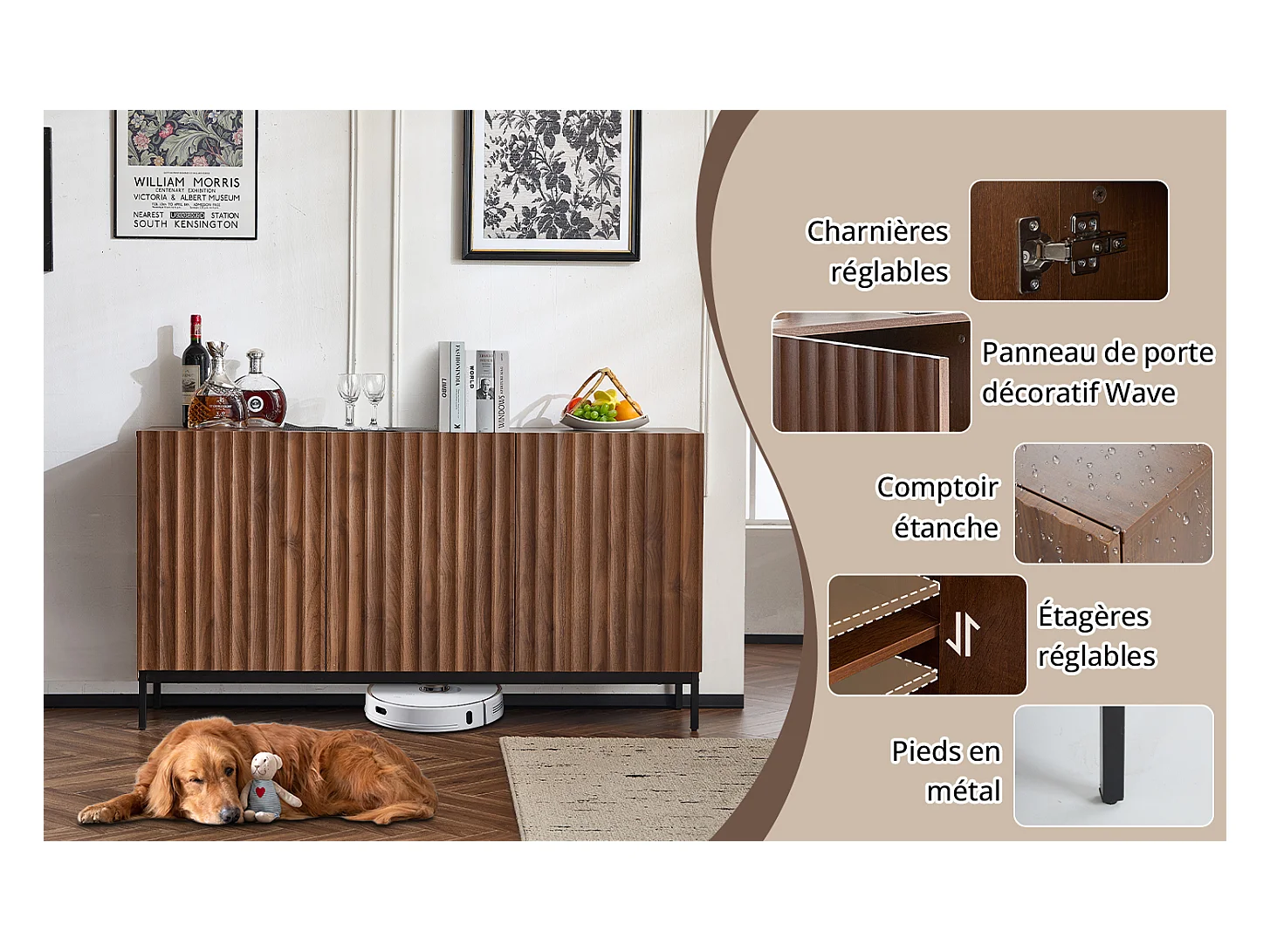 Buffet 150 x 40 x 80 cm en chêne foncé, 3 portes, design 3D ondulé, étagères réglables et sécurité anti-basculement – Salon et salle à manger