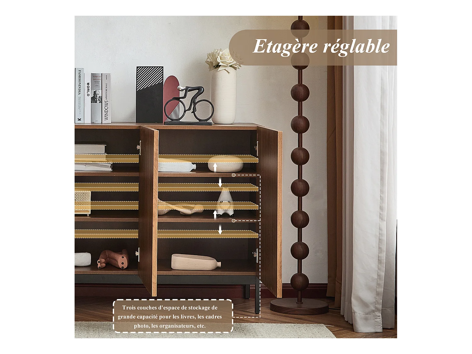 Buffet 150 x 40 x 80 cm en chêne foncé, 3 portes, design 3D ondulé, étagères réglables et sécurité anti-basculement – Salon et salle à manger