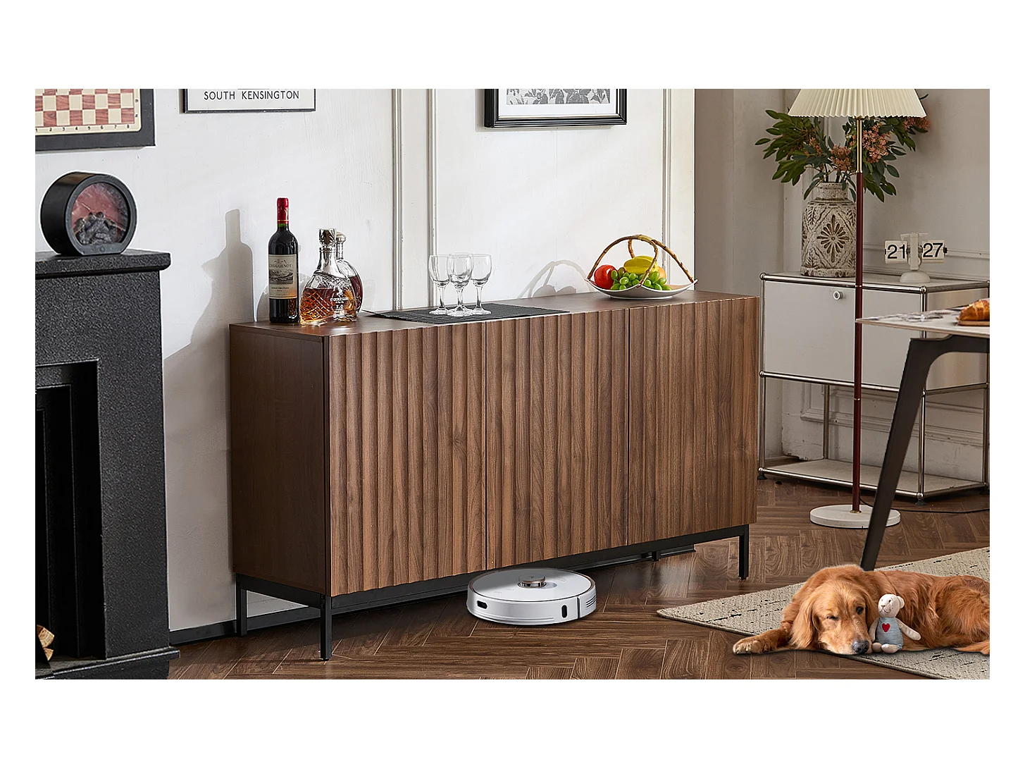 Buffet 150 x 40 x 80 cm en chêne foncé, 3 portes, design 3D ondulé, étagères réglables et sécurité anti-basculement – Salon et salle à manger