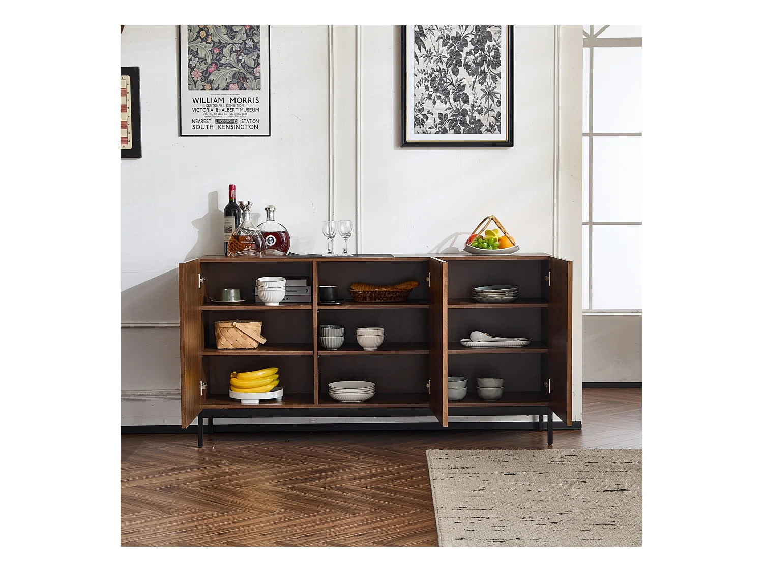 Buffet 150 x 40 x 80 cm en chêne foncé, 3 portes, design 3D ondulé, étagères réglables et sécurité anti-basculement – Salon et salle à manger