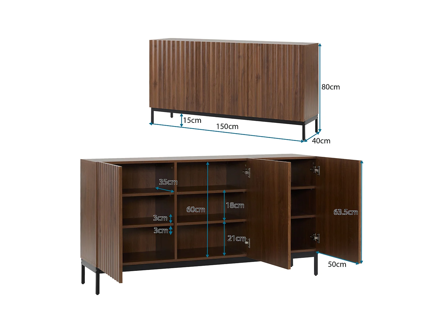 Buffet 150 x 40 x 80 cm en chêne foncé, 3 portes, design 3D ondulé, étagères réglables et sécurité anti-basculement – Salon et salle à manger