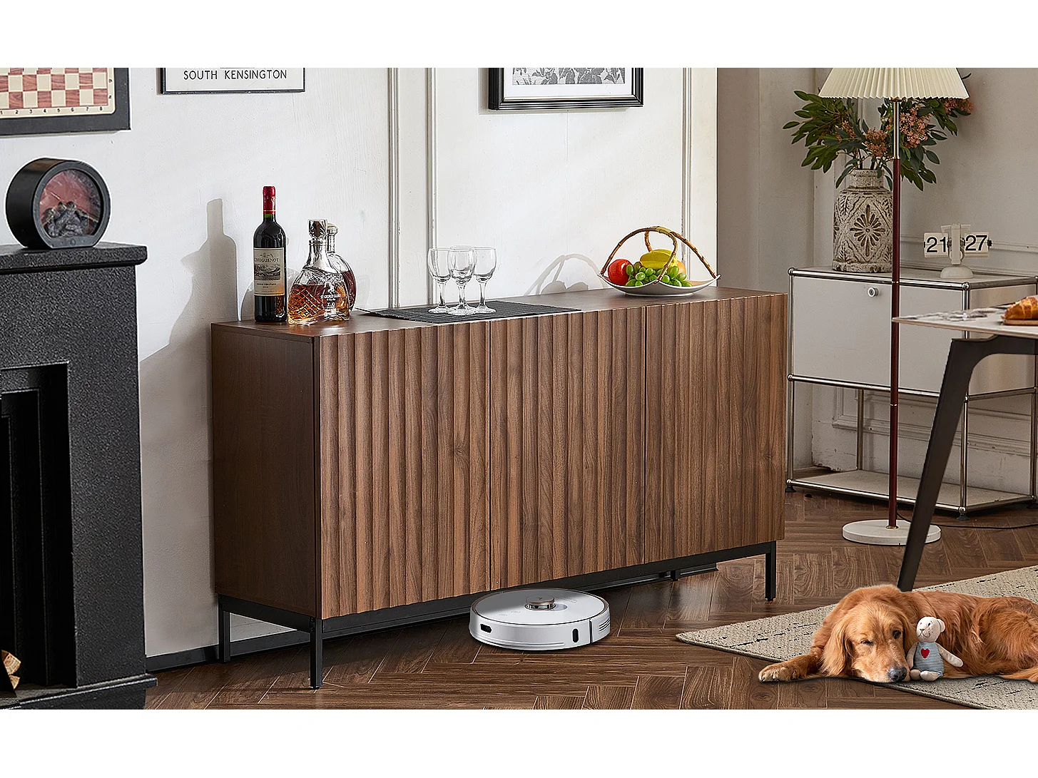 Buffet 150 x 40 x 80 cm en chêne foncé, 3 portes, design 3D ondulé, étagères réglables et sécurité anti-basculement – Salon et salle à manger