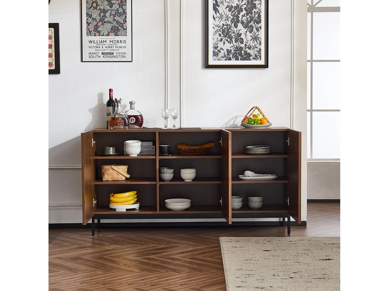 Buffet 150 x 40 x 80 cm en chêne foncé, 3 portes, design 3D ondulé, étagères réglables et sécurité anti-basculement – Salon et salle à manger