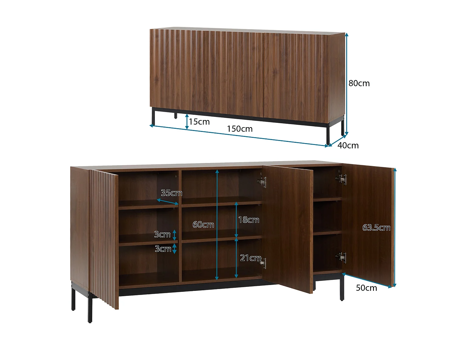 Buffet 150 x 40 x 80 cm en chêne foncé, 3 portes, design 3D ondulé, étagères réglables et sécurité anti-basculement – Salon et salle à manger