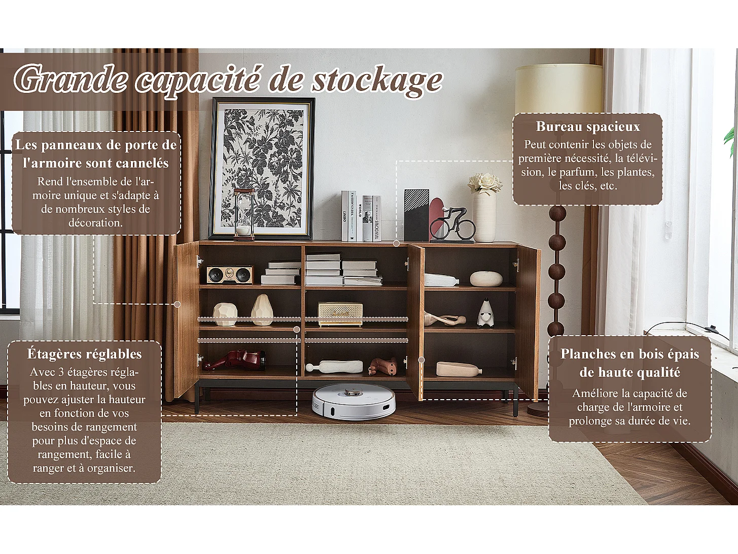 Buffet 150 x 40 x 80 cm en chêne foncé, 3 portes, design 3D ondulé, étagères réglables et sécurité anti-basculement – Salon et salle à manger