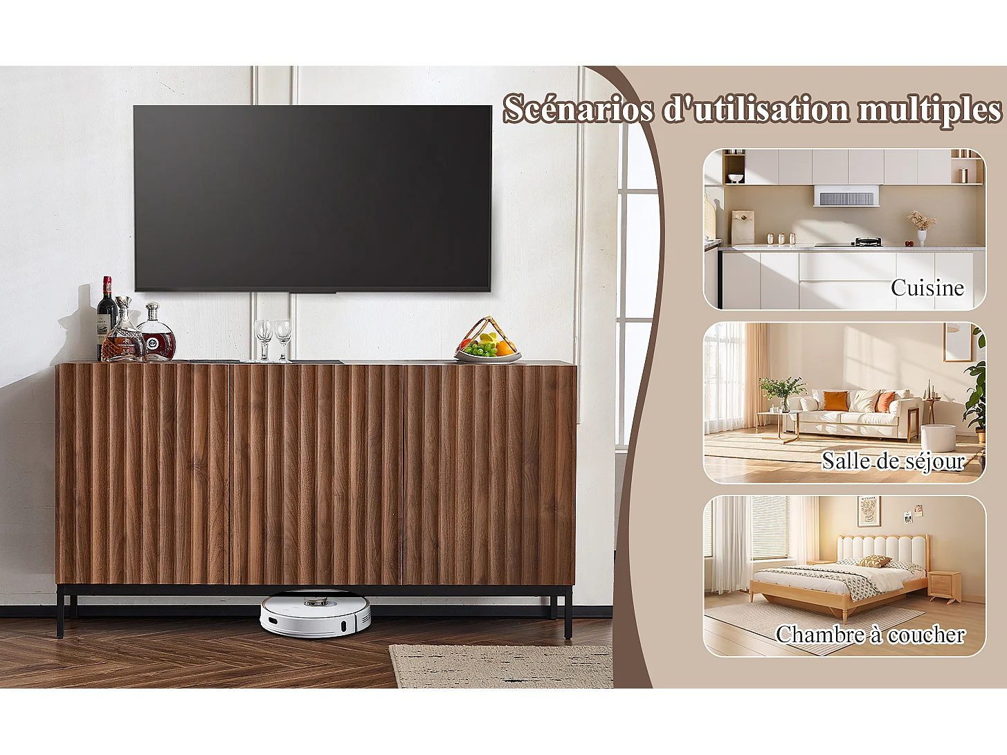 Buffet 150 x 40 x 80 cm en chêne foncé, 3 portes, design 3D ondulé, étagères réglables et sécurité anti-basculement – Salon et salle à manger