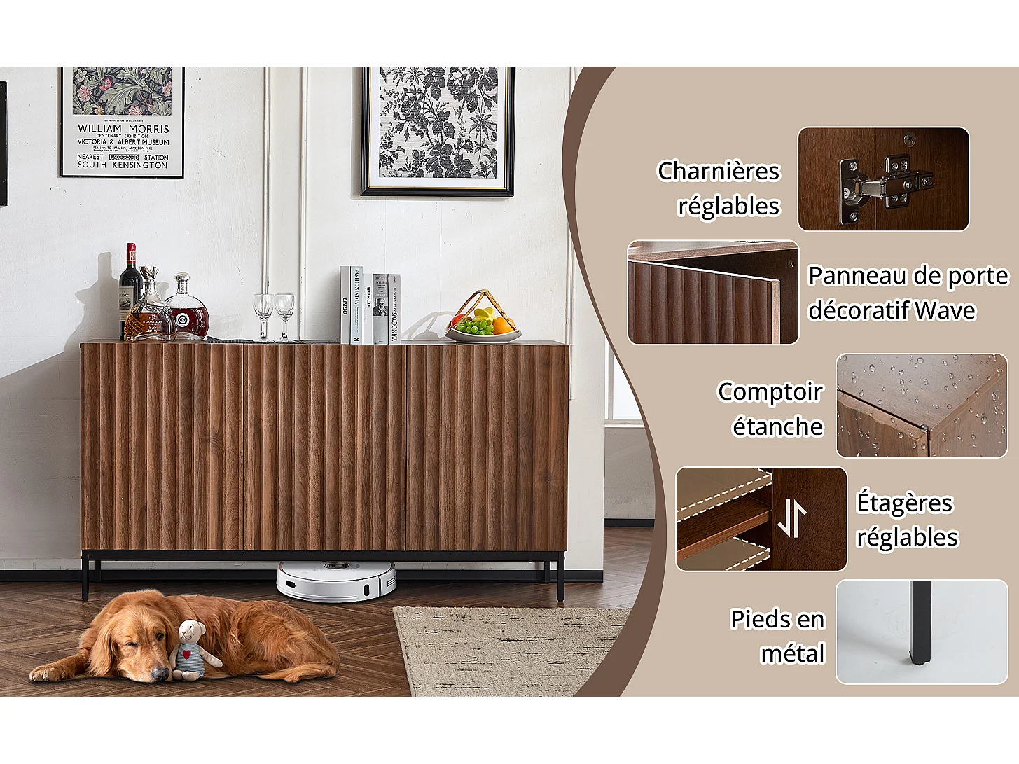 Buffet 150 x 40 x 80 cm en chêne foncé, 3 portes, design 3D ondulé, étagères réglables et sécurité anti-basculement – Salon et salle à manger