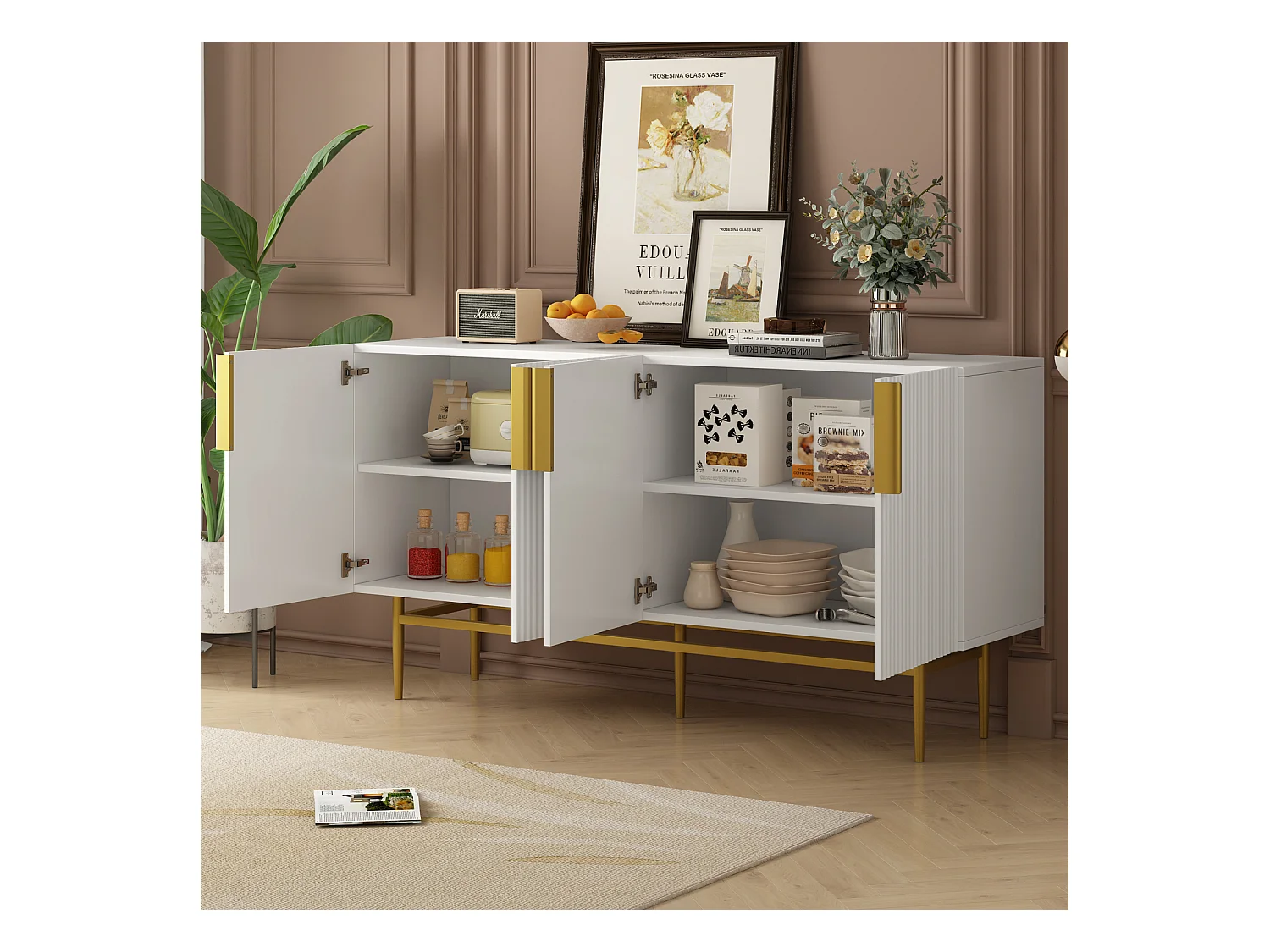 Buffet moderne et élégant 4 portes – Poignées en métal doré – Meuble blanc pour salle à manger, salon, chambre ou entrée