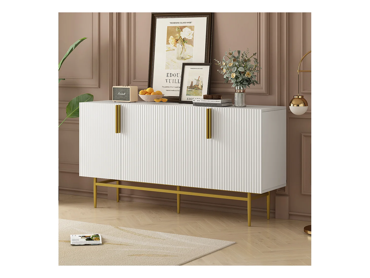 Buffet moderne et élégant 4 portes – Poignées en métal doré – Meuble blanc pour salle à manger, salon, chambre ou entrée