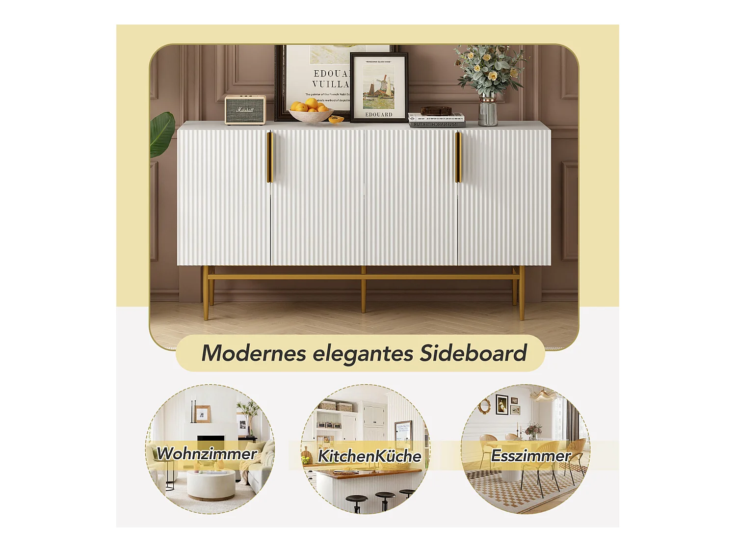 Buffet moderne et élégant 4 portes – Poignées en métal doré – Meuble blanc pour salle à manger, salon, chambre ou entrée