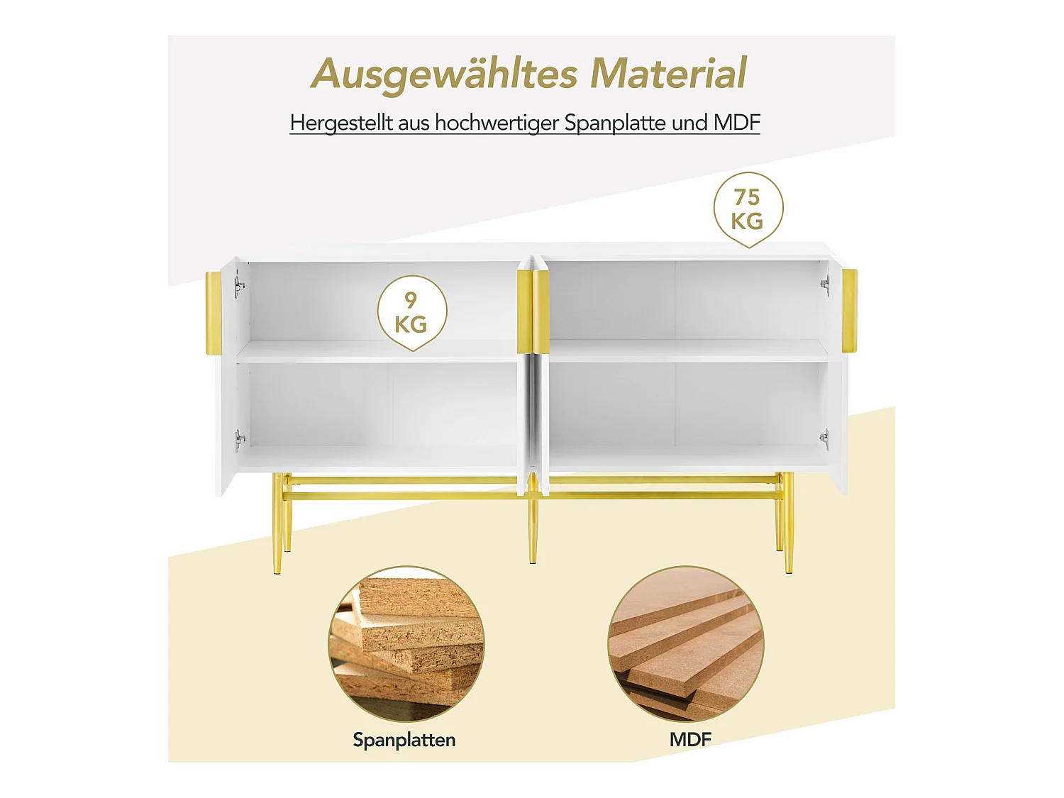 Buffet moderne et élégant 4 portes – Poignées en métal doré – Meuble blanc pour salle à manger, salon, chambre ou entrée