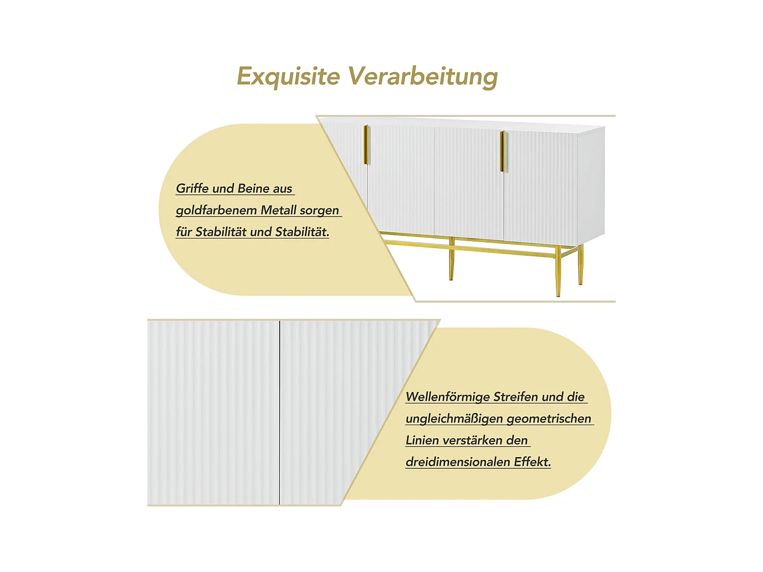 Buffet moderne et élégant 4 portes – Poignées en métal doré – Meuble blanc pour salle à manger, salon, chambre ou entrée