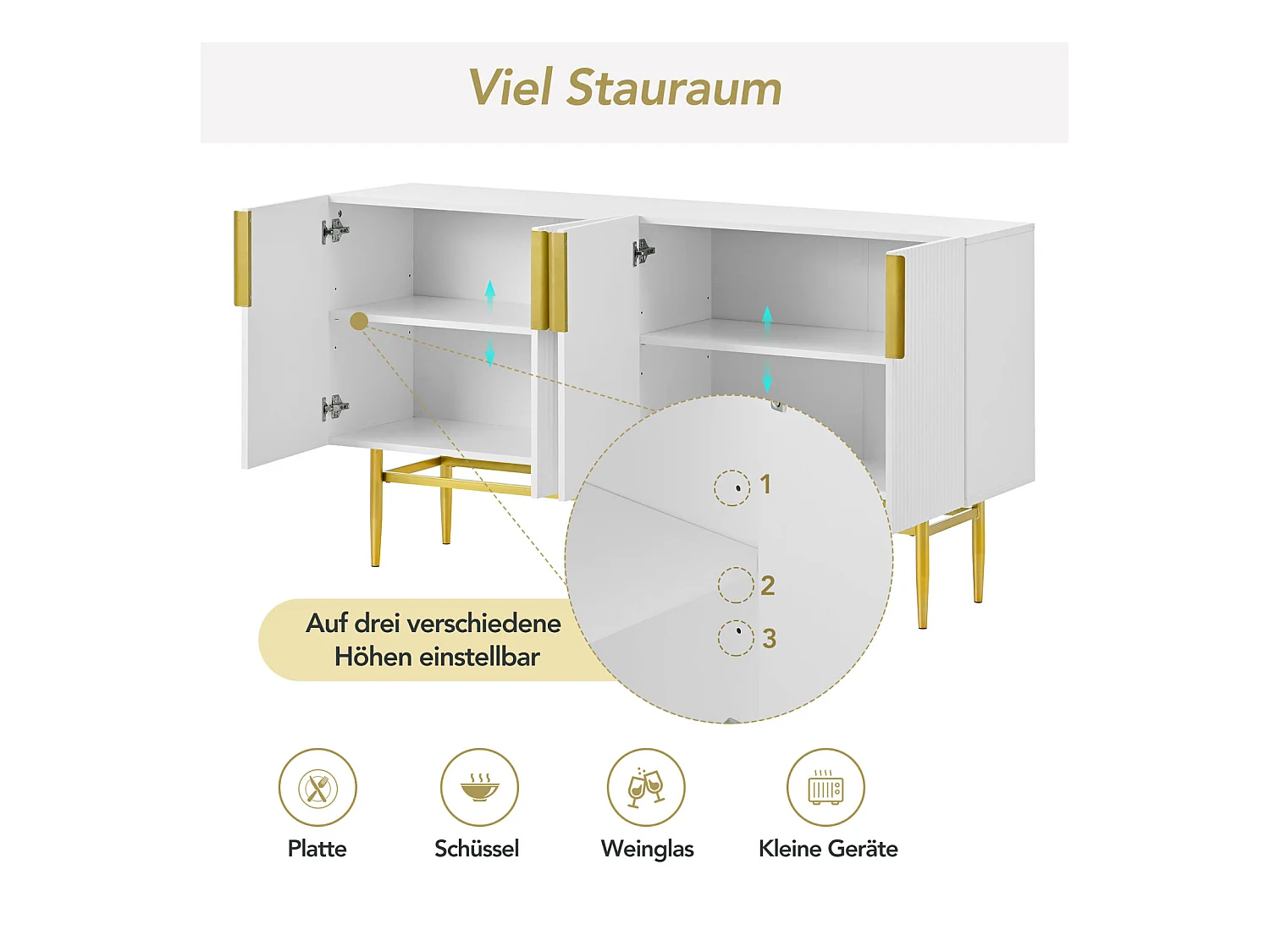 Buffet moderne et élégant 4 portes – Poignées en métal doré – Meuble blanc pour salle à manger, salon, chambre ou entrée