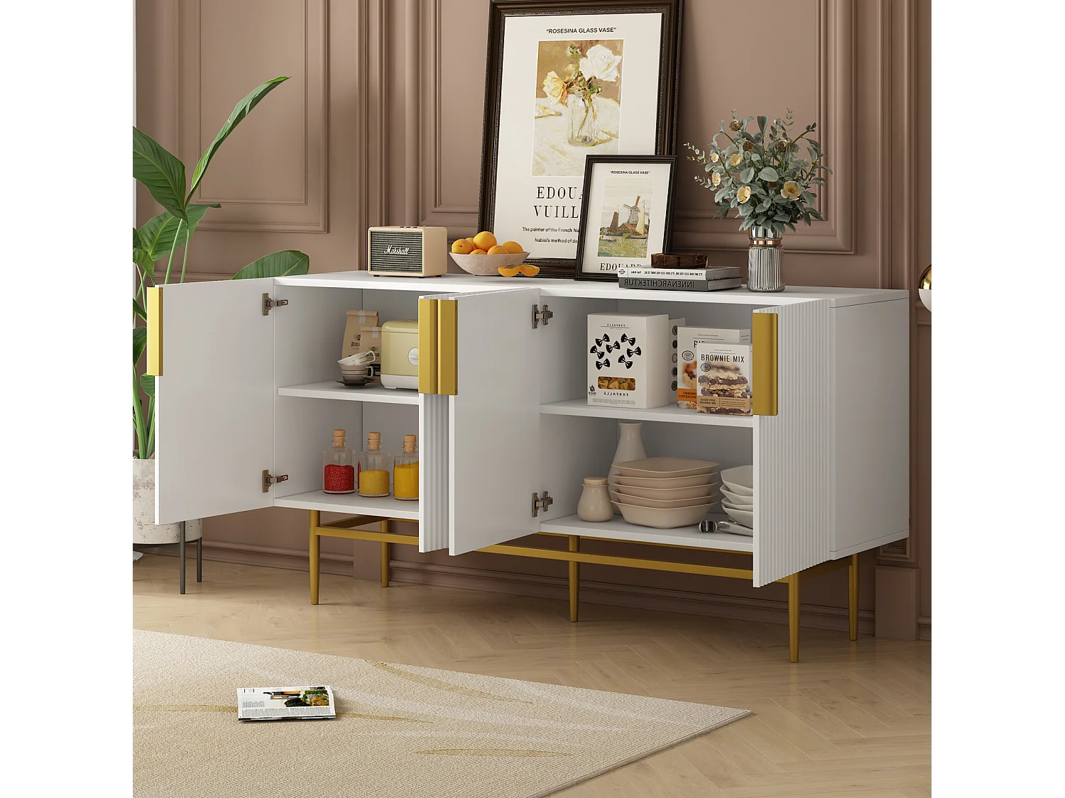 Buffet moderne et élégant 4 portes – Poignées en métal doré – Meuble blanc pour salle à manger, salon, chambre ou entrée