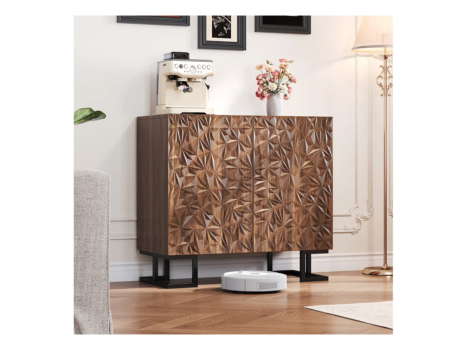 Buffet 80×40×78 cm série en noyer foncé avec relief feuilles, portes Push-to-Open et pieds en métal – Design moderne pour salon et couloir