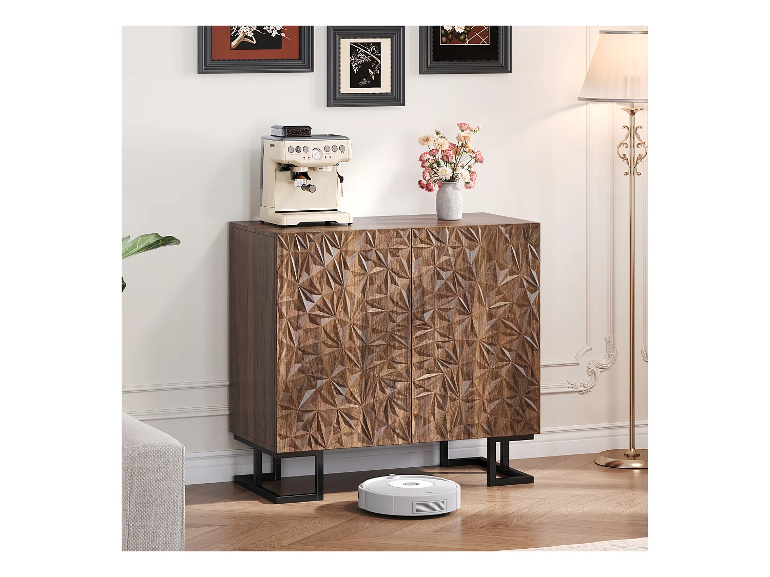 Buffet 80×40×78 cm série en noyer foncé avec relief feuilles, portes Push-to-Open et pieds en métal – Design moderne pour salon et couloir