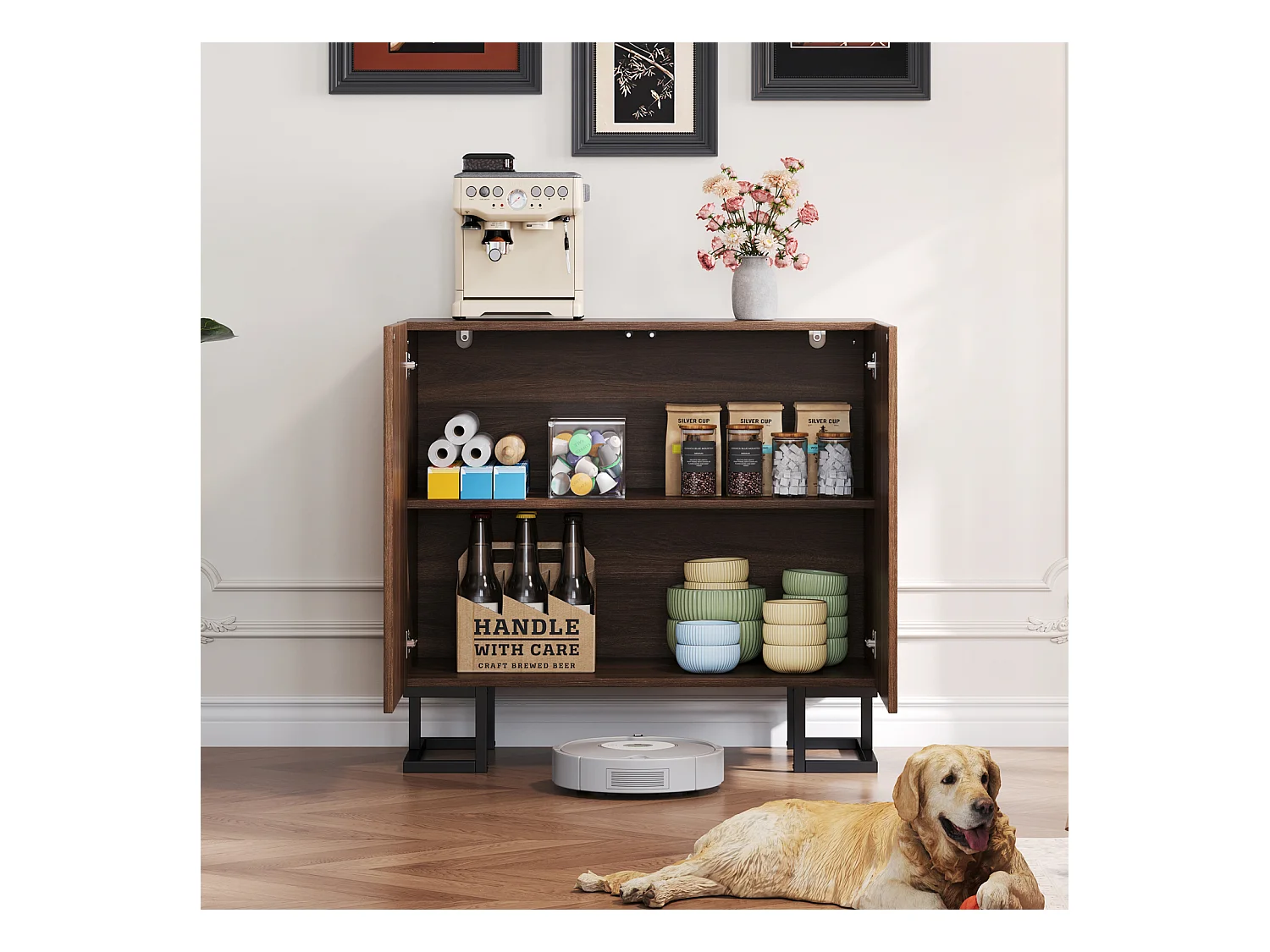 Buffet 80×40×78 cm série en noyer foncé avec relief feuilles, portes Push-to-Open et pieds en métal – Design moderne pour salon et couloir