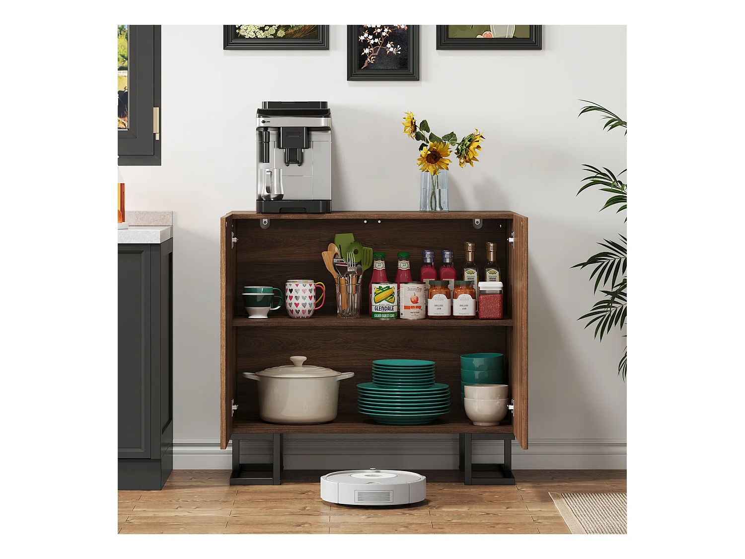 Buffet 80×40×78 cm série en noyer foncé avec relief feuilles, portes Push-to-Open et pieds en métal – Design moderne pour salon et couloir