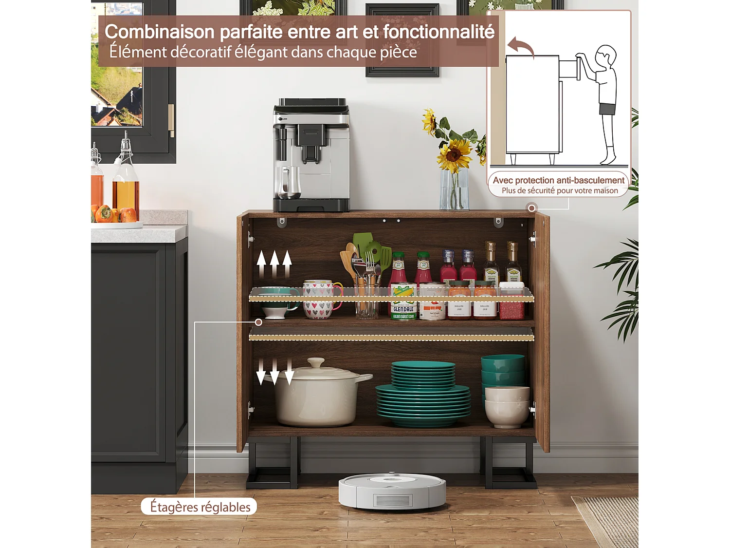 Buffet 80×40×78 cm série en noyer foncé avec relief feuilles, portes Push-to-Open et pieds en métal – Design moderne pour salon et couloir