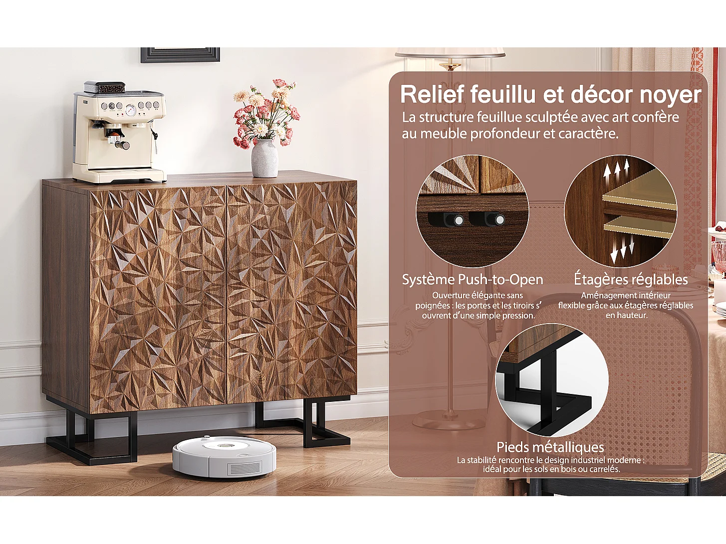 Buffet 80×40×78 cm série en noyer foncé avec relief feuilles, portes Push-to-Open et pieds en métal – Design moderne pour salon et couloir