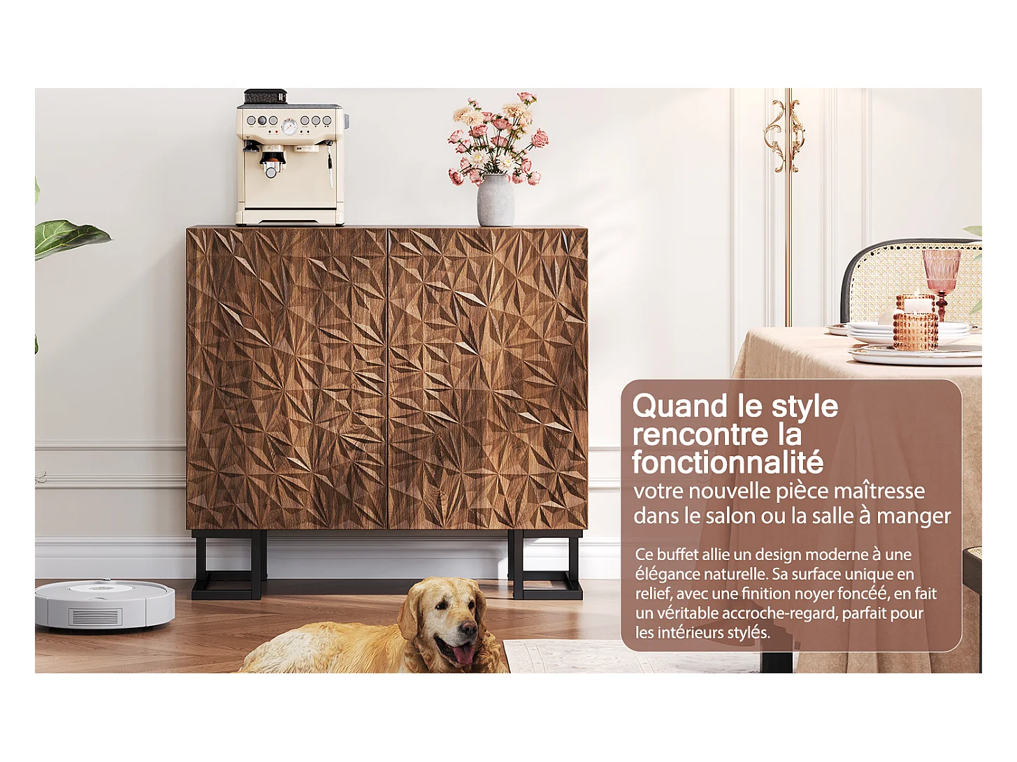 Buffet 80×40×78 cm série en noyer foncé avec relief feuilles, portes Push-to-Open et pieds en métal – Design moderne pour salon et couloir