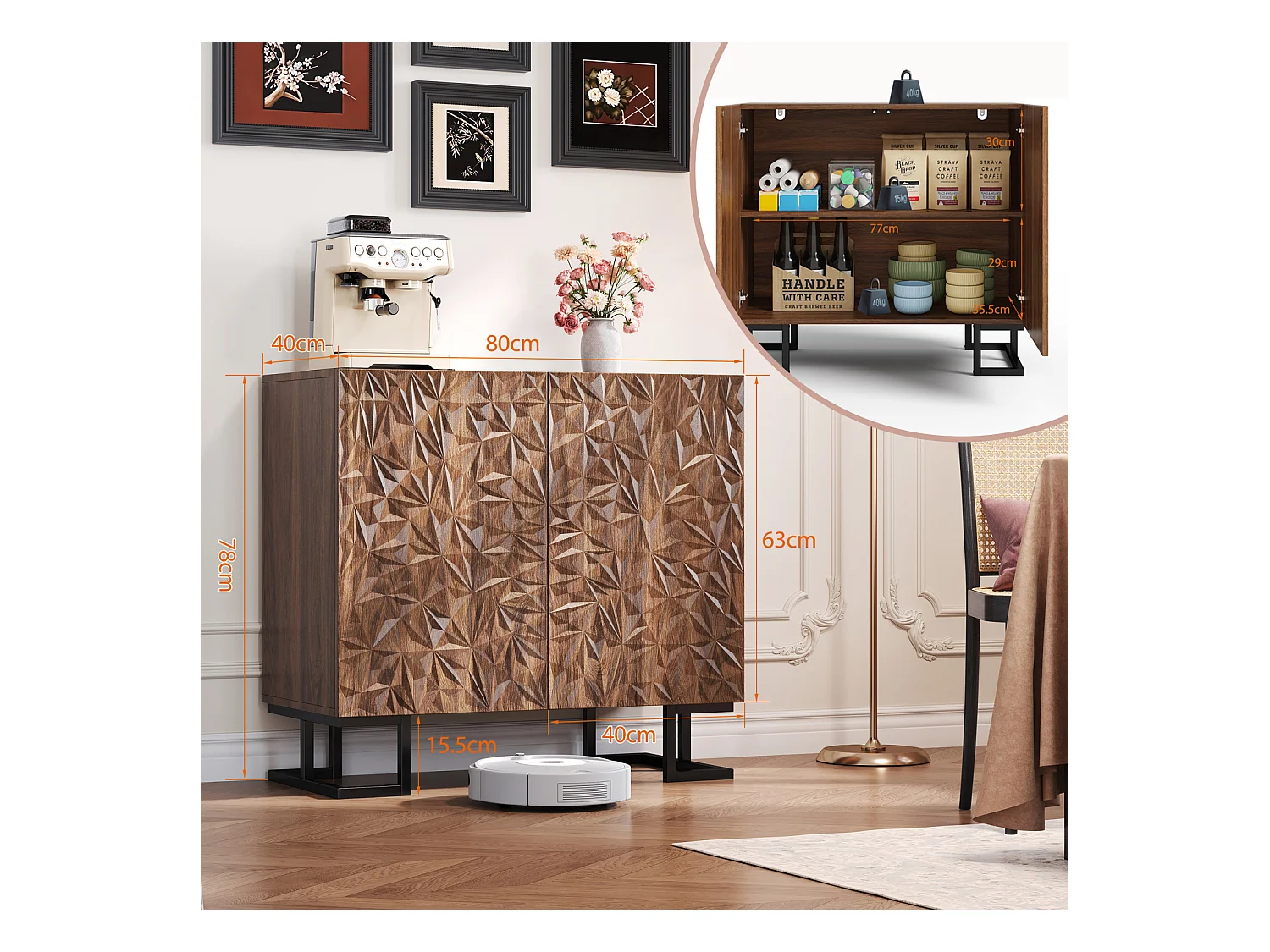 Buffet 80×40×78 cm série en noyer foncé avec relief feuilles, portes Push-to-Open et pieds en métal – Design moderne pour salon et couloir