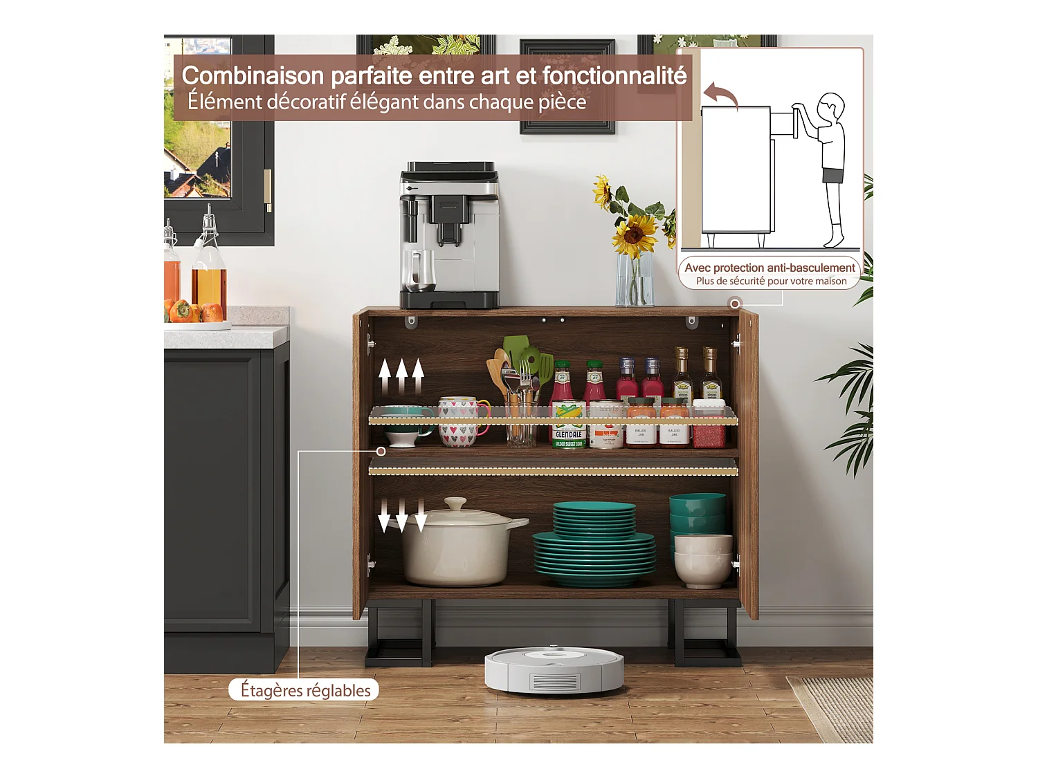 Buffet 80×40×78 cm série en noyer foncé avec relief feuilles, portes Push-to-Open et pieds en métal – Design moderne pour salon et couloir