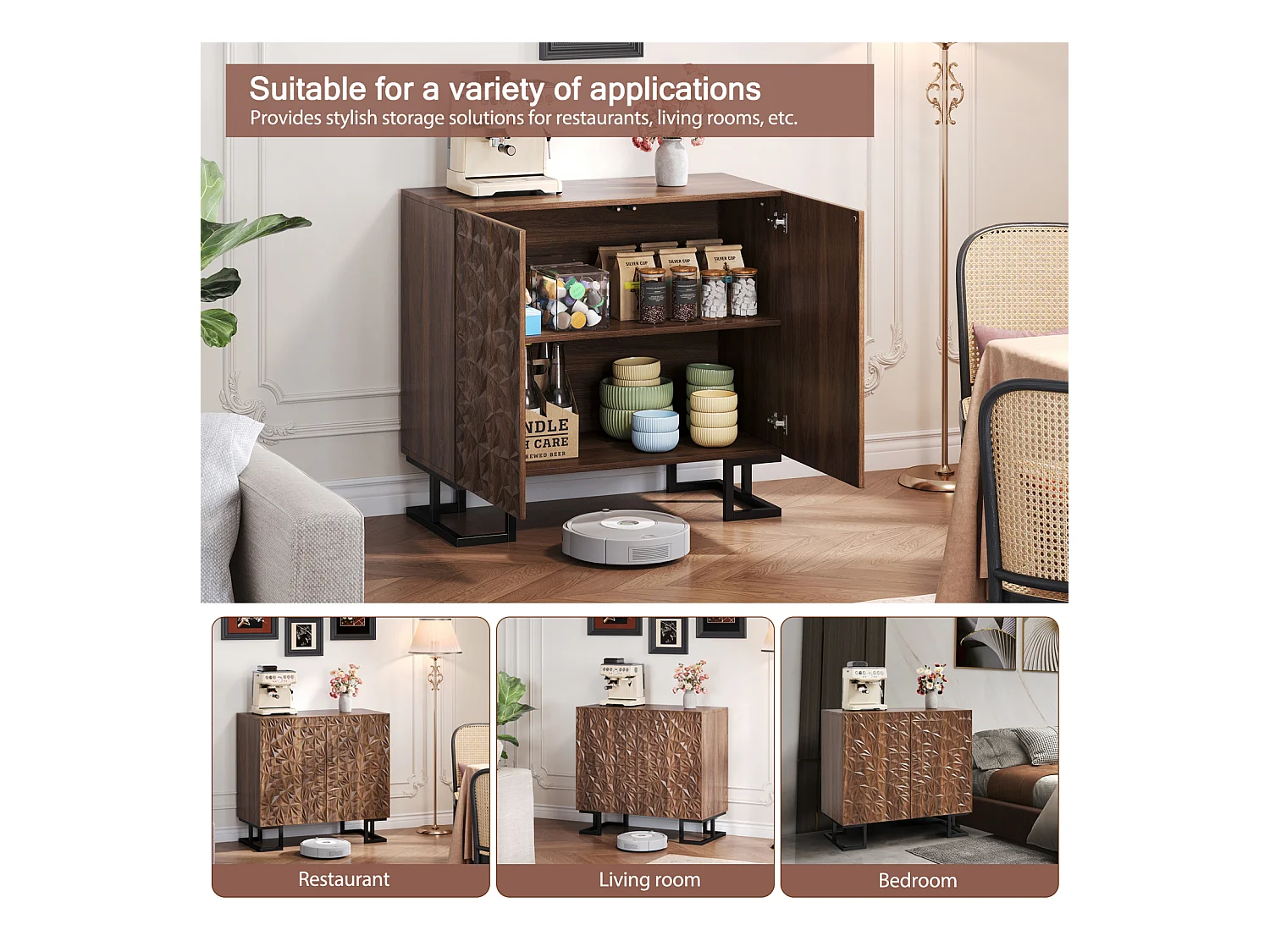 Buffet 80×40×78 cm série en noyer foncé avec relief feuilles, portes Push-to-Open et pieds en métal – Design moderne pour salon et couloir