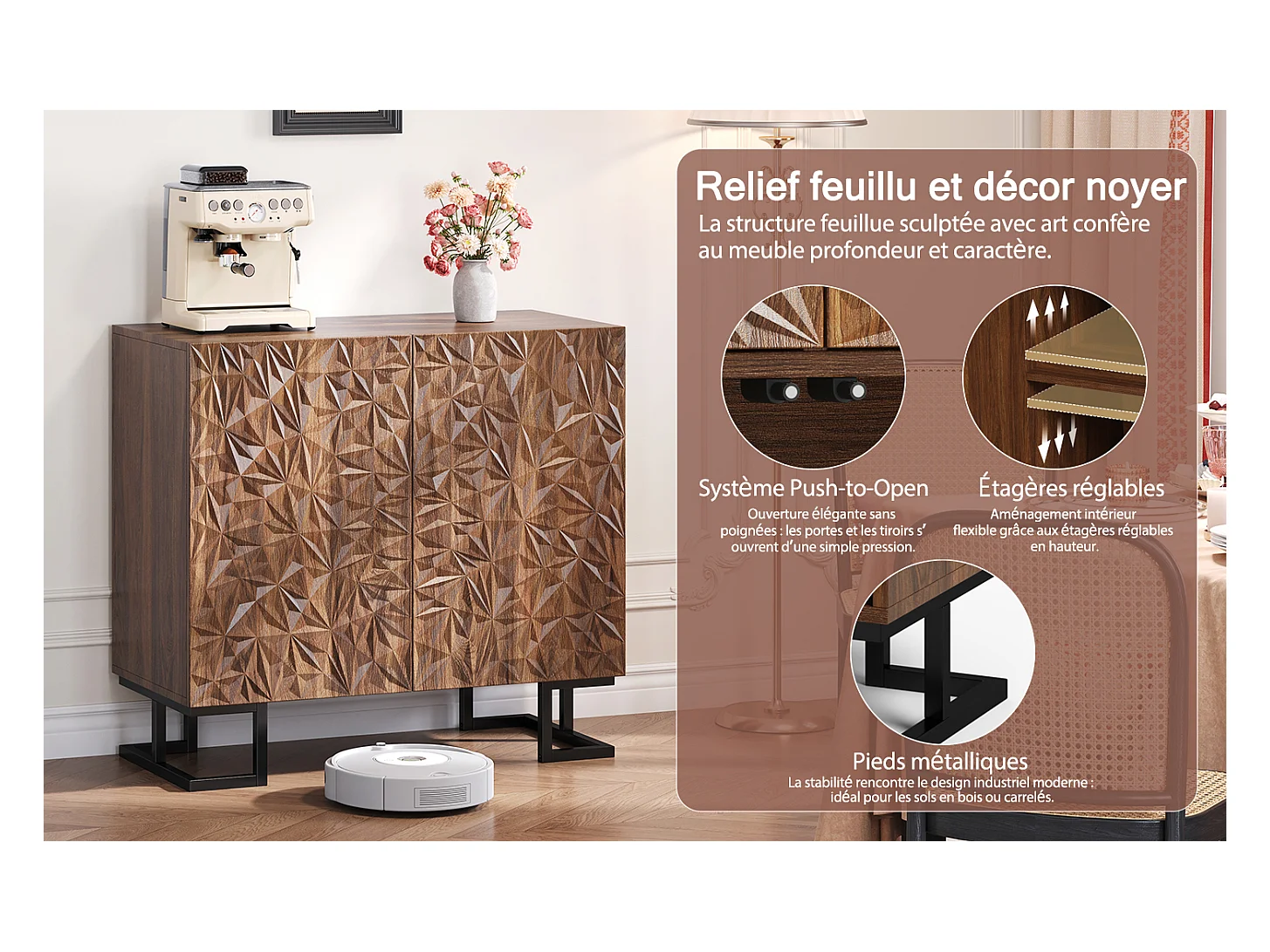 Buffet 80×40×78 cm série en noyer foncé avec relief feuilles, portes Push-to-Open et pieds en métal – Design moderne pour salon et couloir