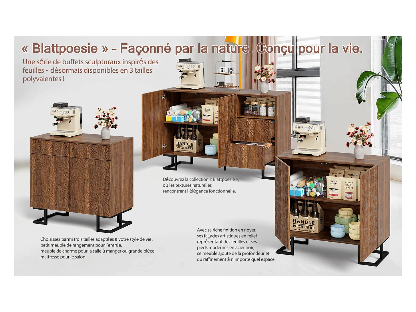 Buffet 80×40×78 cm série en noyer foncé avec relief feuilles, portes Push-to-Open et pieds en métal – Design moderne pour salon et couloir