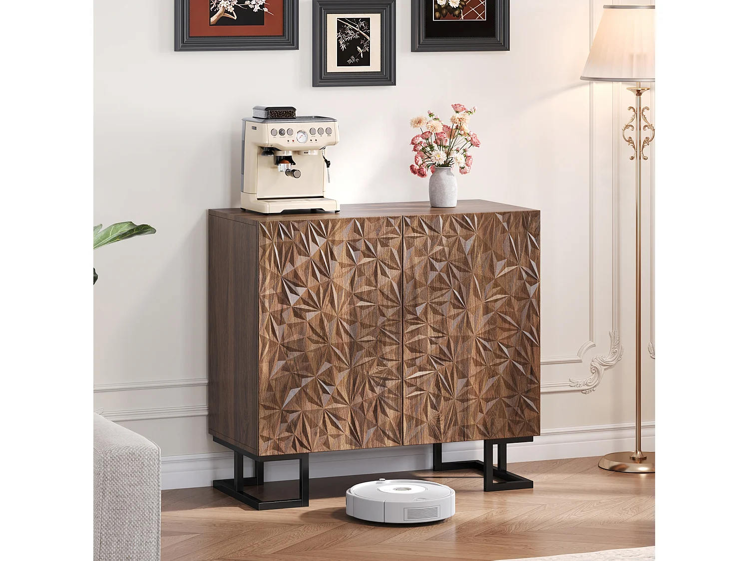 Buffet 80×40×78 cm série en noyer foncé avec relief feuilles, portes Push-to-Open et pieds en métal – Design moderne pour salon et couloir