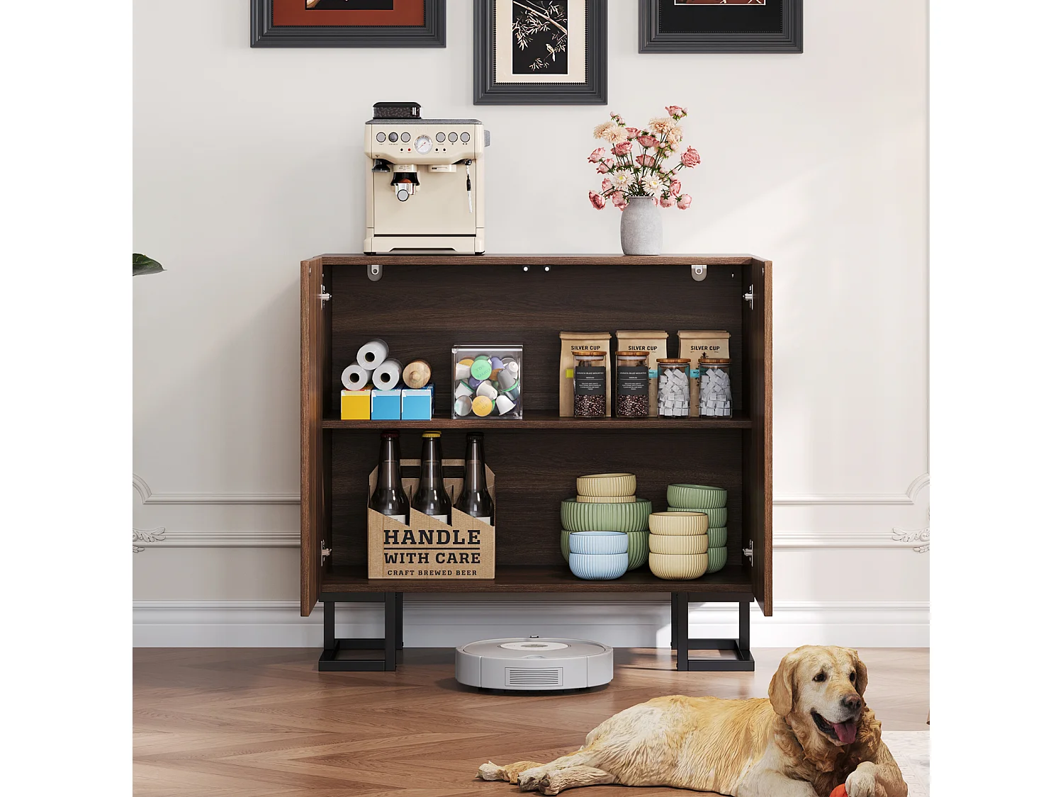 Buffet 80×40×78 cm série en noyer foncé avec relief feuilles, portes Push-to-Open et pieds en métal – Design moderne pour salon et couloir