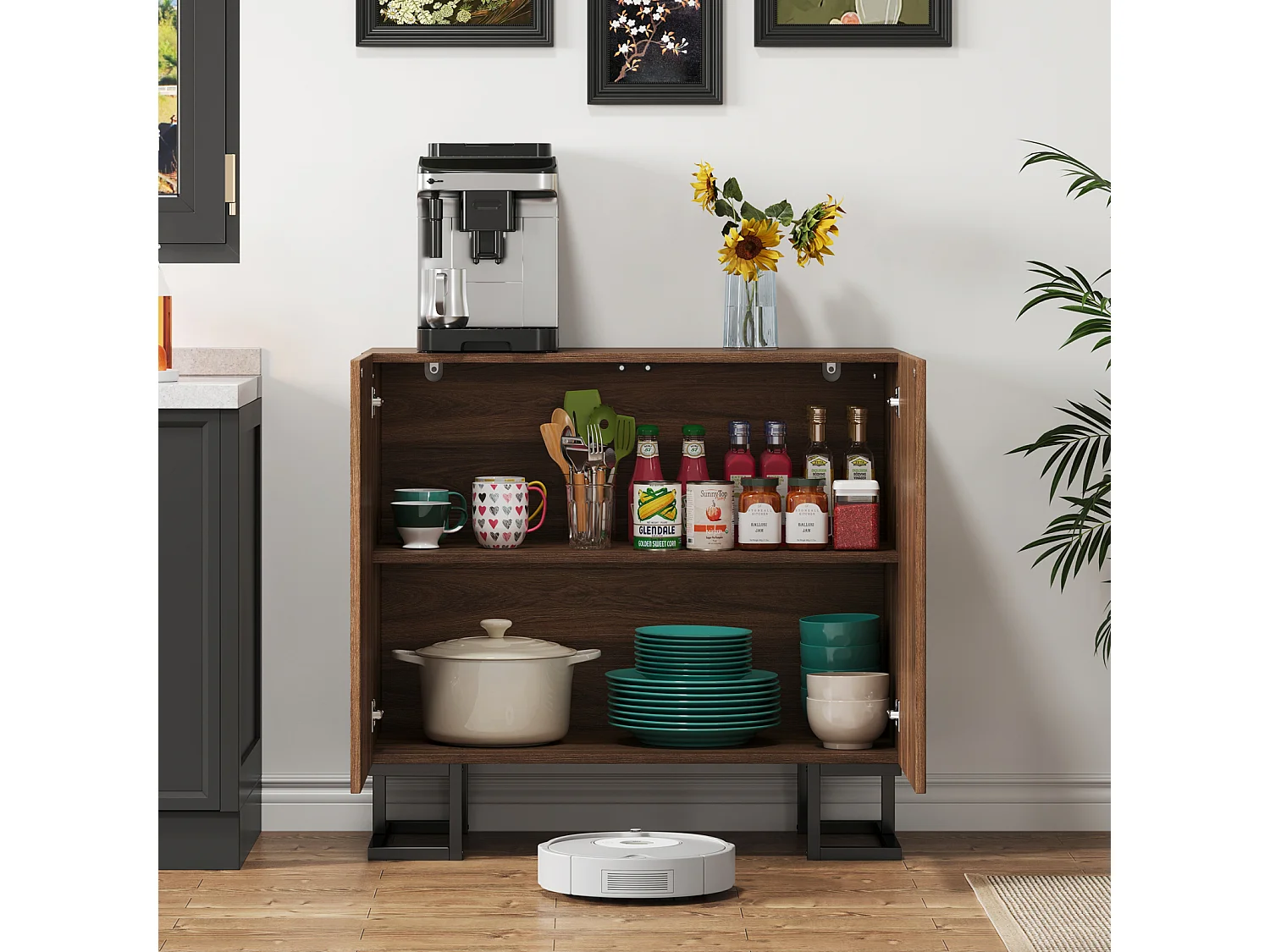 Buffet 80×40×78 cm série en noyer foncé avec relief feuilles, portes Push-to-Open et pieds en métal – Design moderne pour salon et couloir