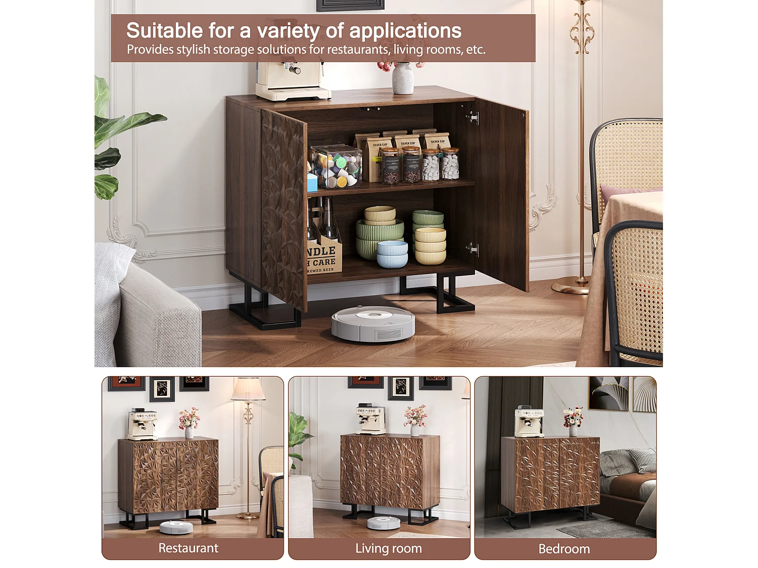 Buffet 80×40×78 cm série en noyer foncé avec relief feuilles, portes Push-to-Open et pieds en métal – Design moderne pour salon et couloir